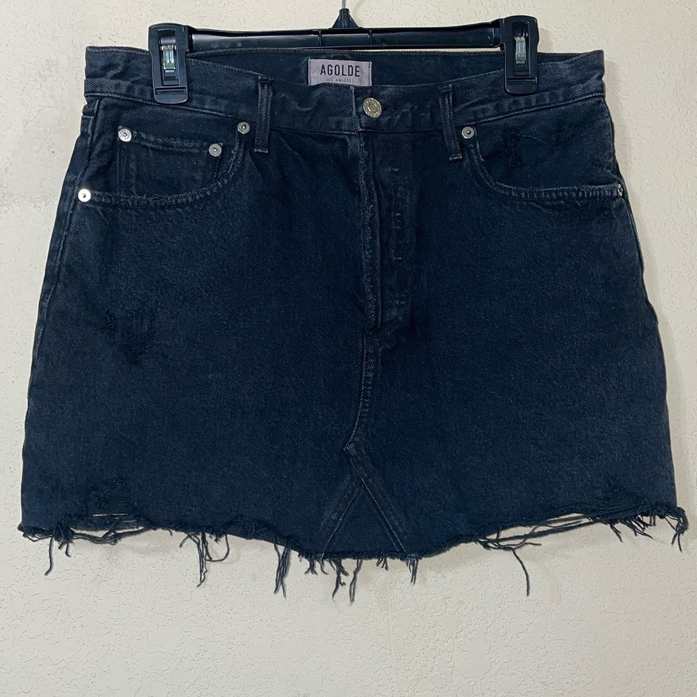 Agolde Black Distressed Denim Mini Skirt